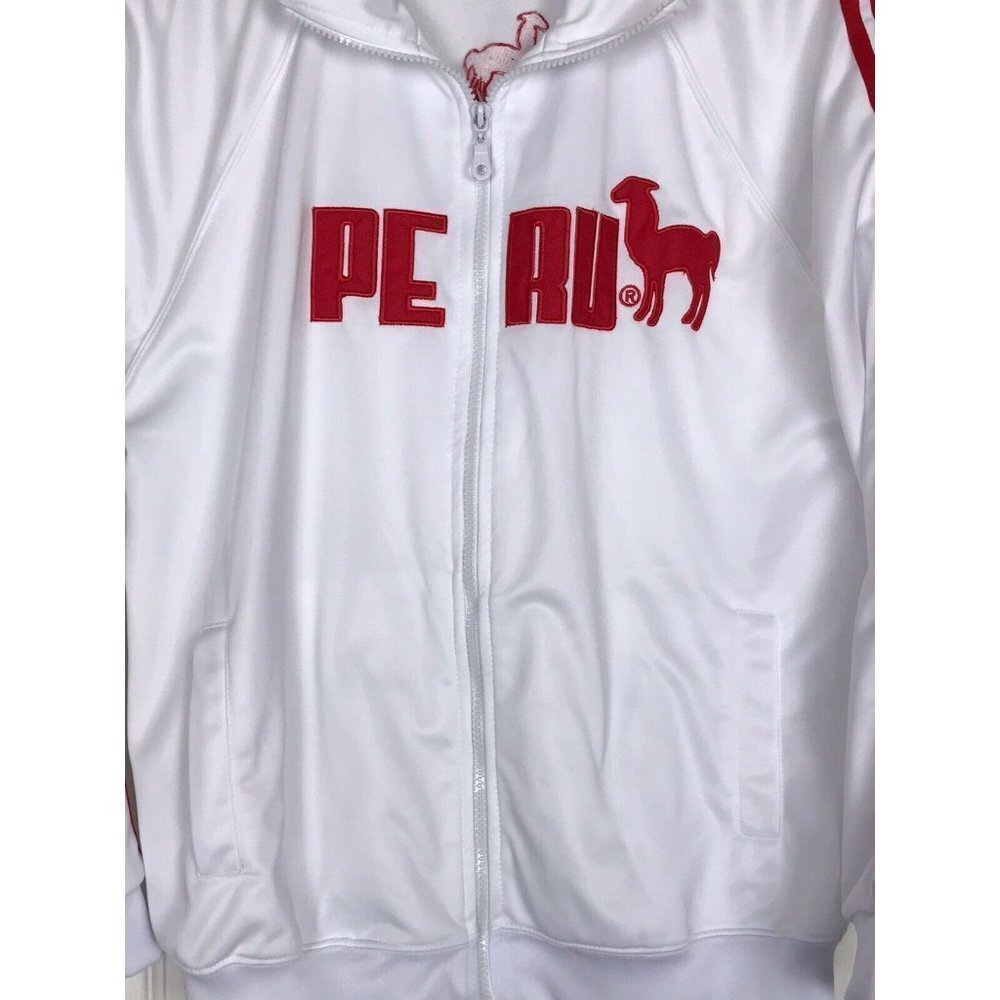 Cuy-Arts White & Red Lined Track Jacket Peru Llama Zip Front Long Sleeve - Picture 2 of 6